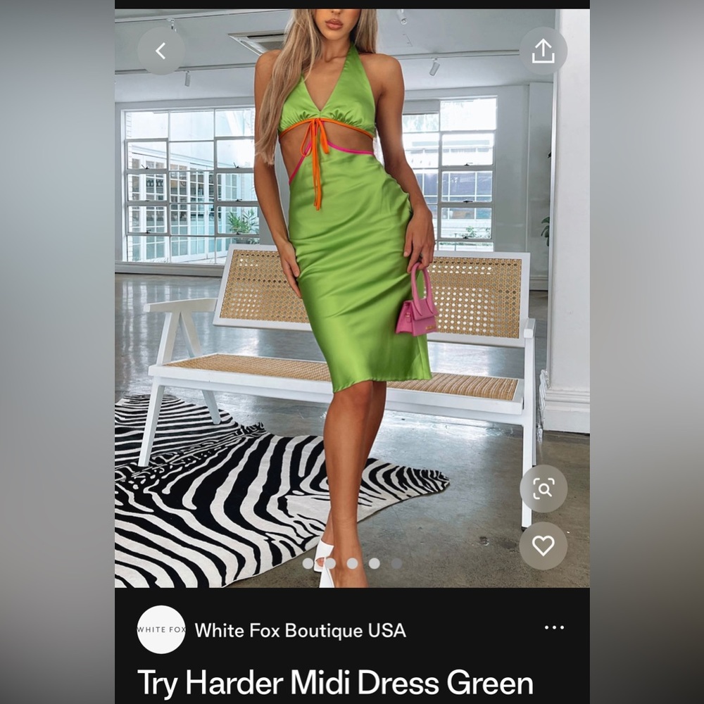 White Fox Boutique Green Satin Cutout Midi Dress with Orange Tie